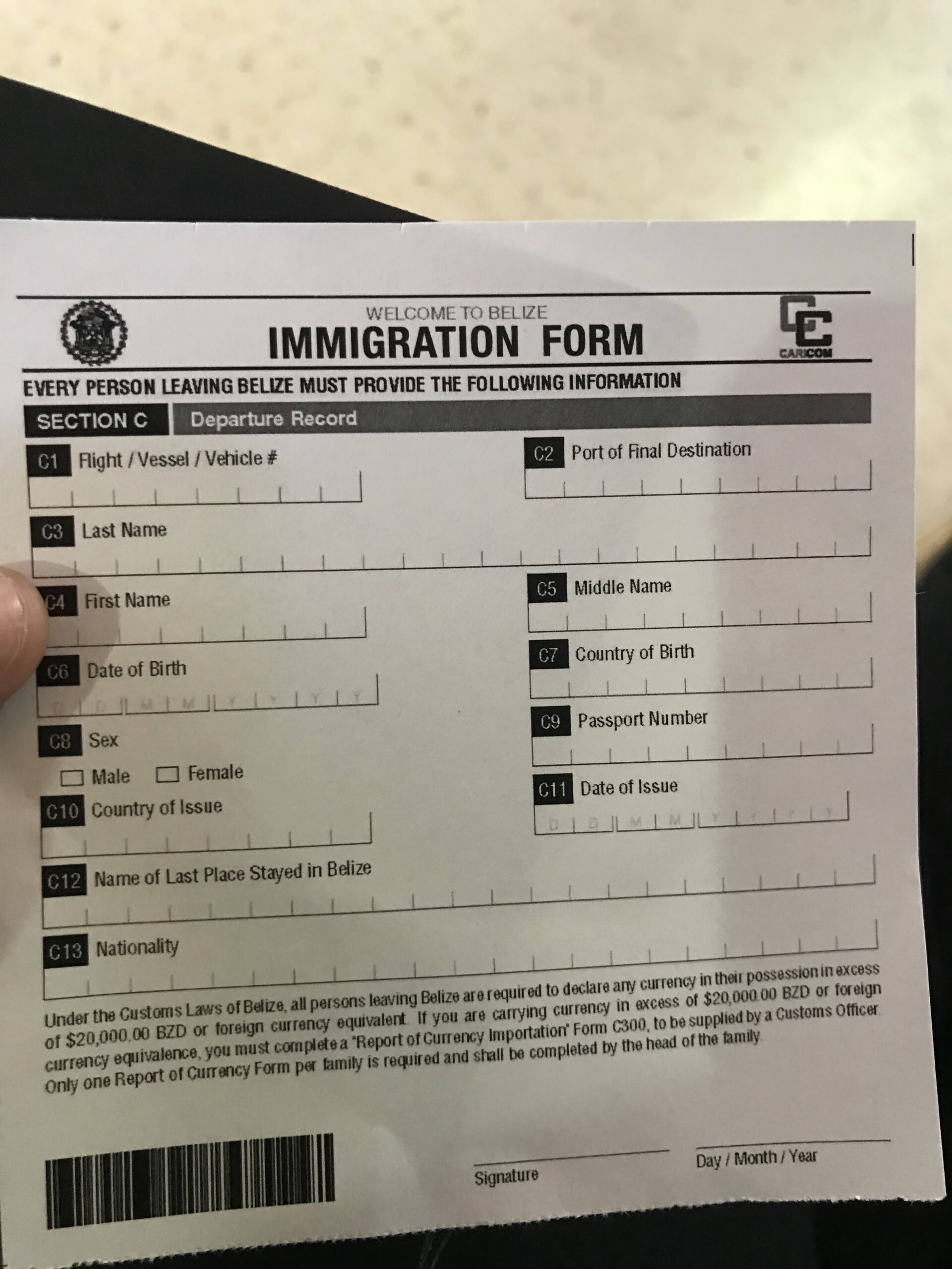 Immigration form to travel to Belize Visa